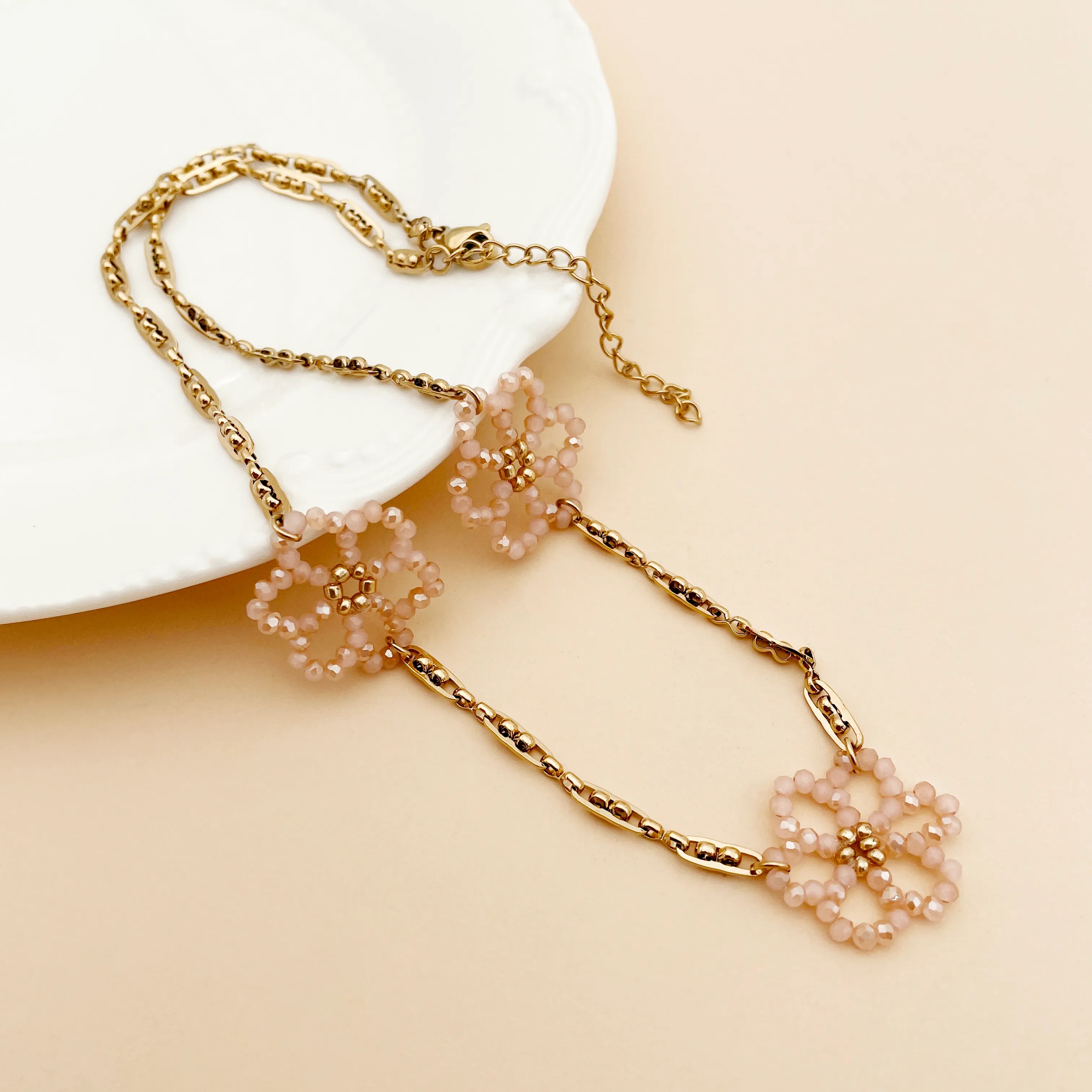 Lady Sweet Flower Stainless Steel Beaded Plating Gold Plated Necklace_colorza_2