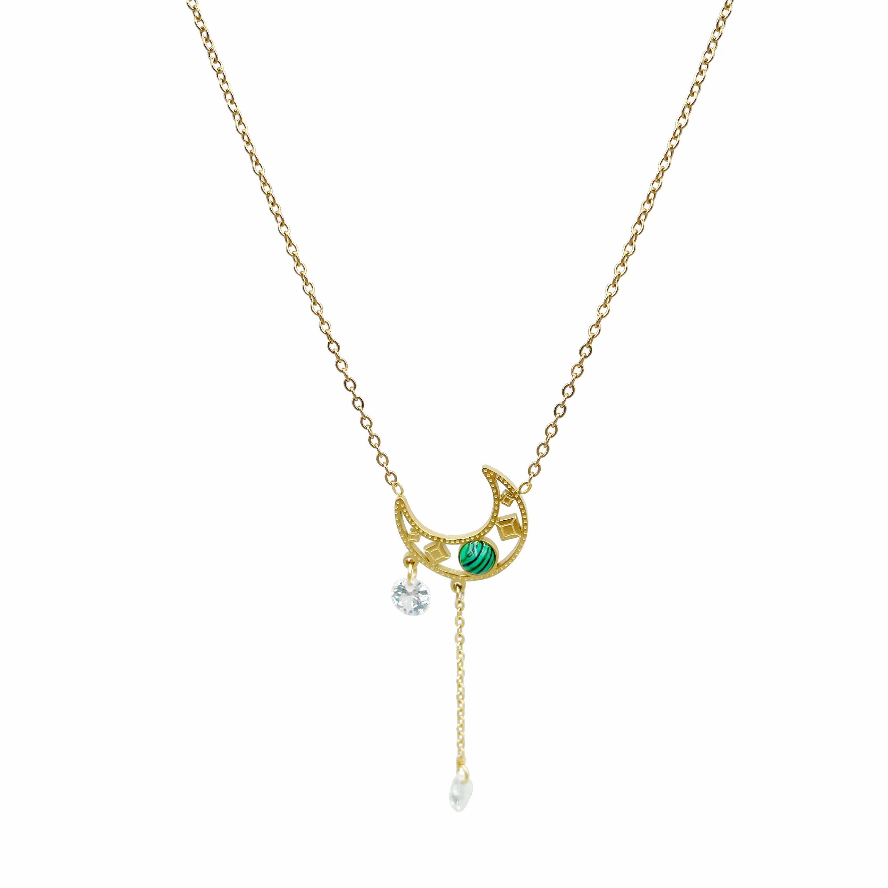 Casual Elegant Sweet Moon Stainless Steel Plating Hollow Out Inlay Turquoise Zircon Gold Plated Necklace_colorza_4