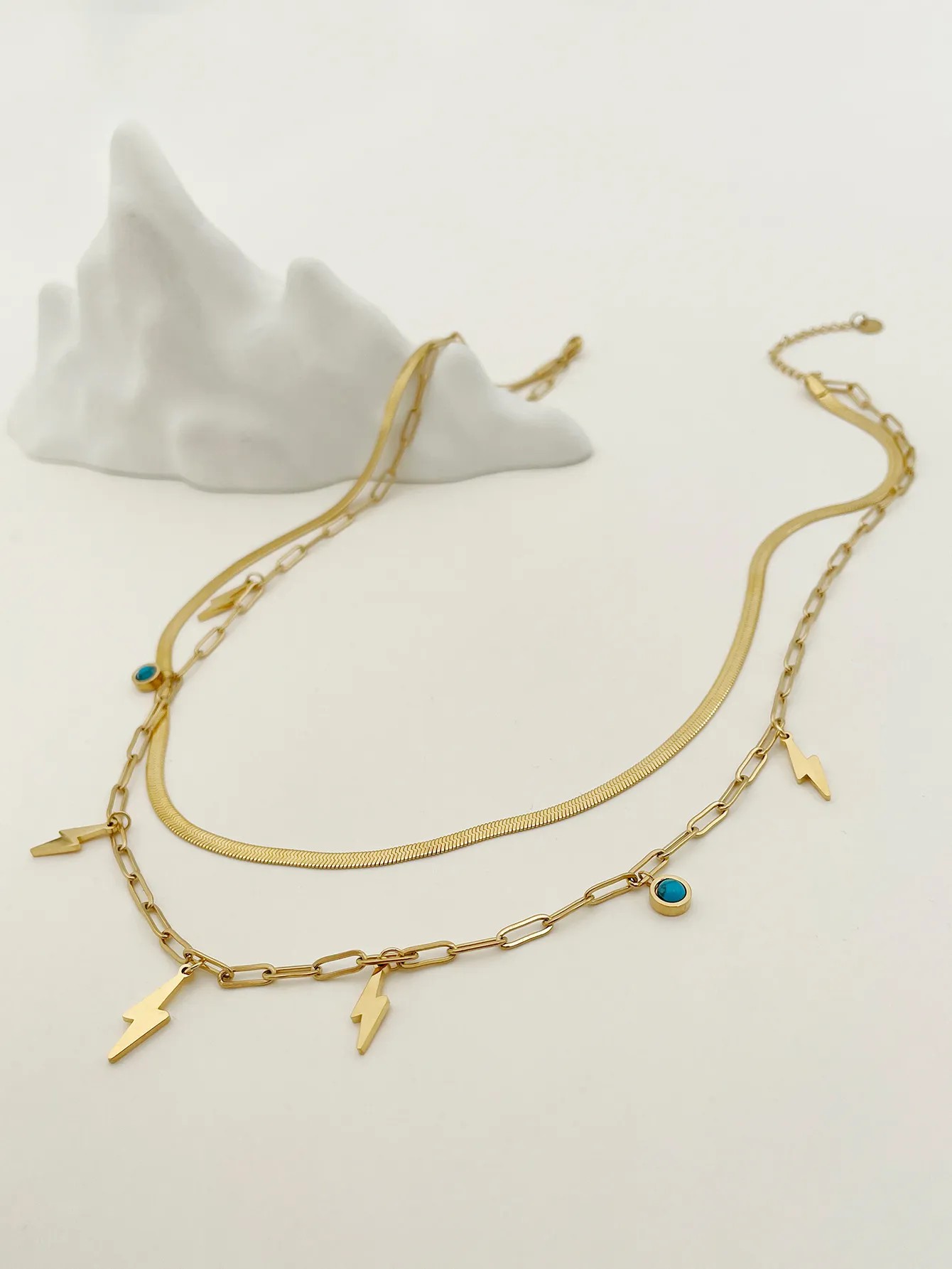 Artistic Lightning Stainless Steel Polishing Plating Inlay Turquoise Gold Plated Layered Necklaces_colorza_1