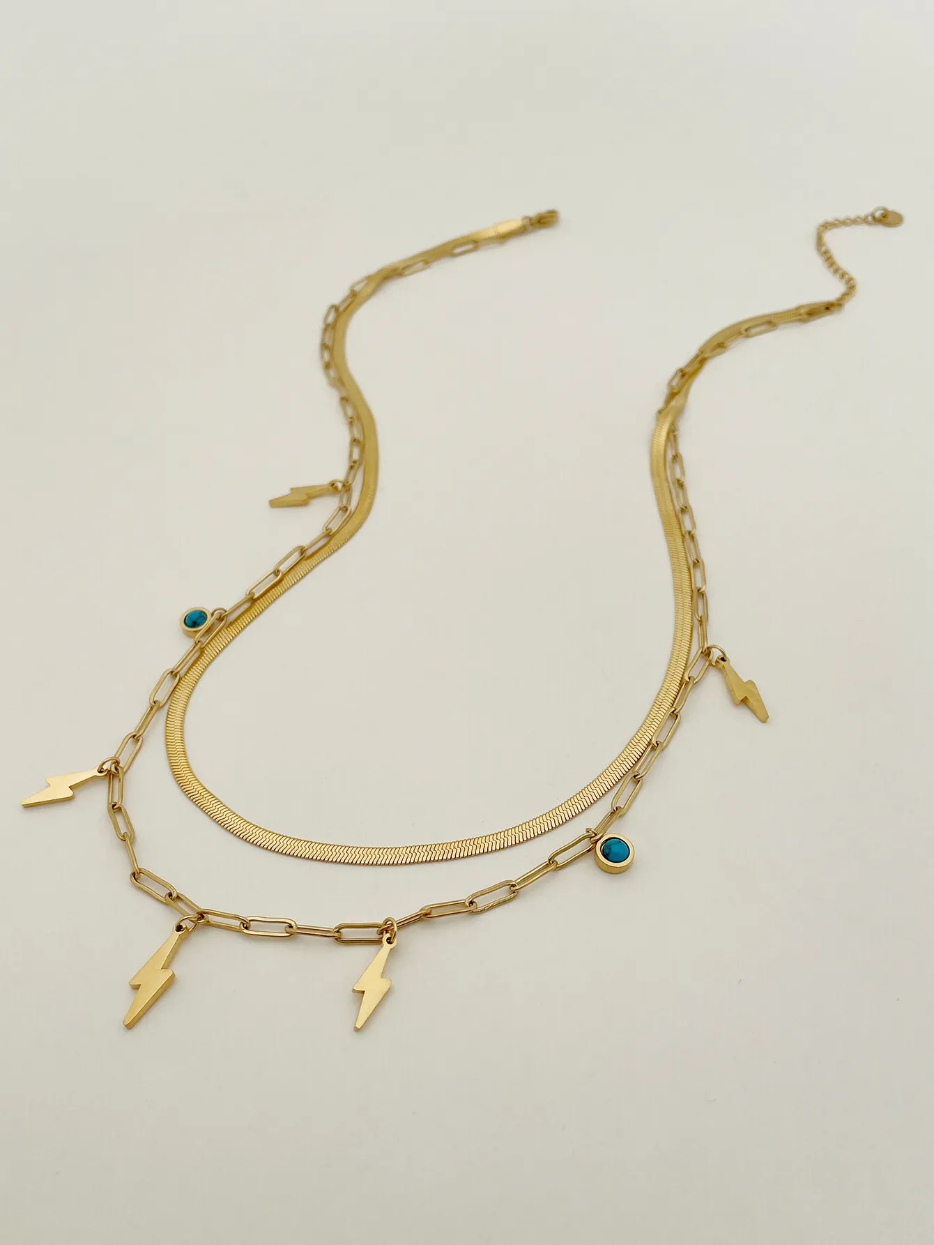 Artistic Lightning Stainless Steel Polishing Plating Inlay Turquoise Gold Plated Layered Necklaces_colorza_3