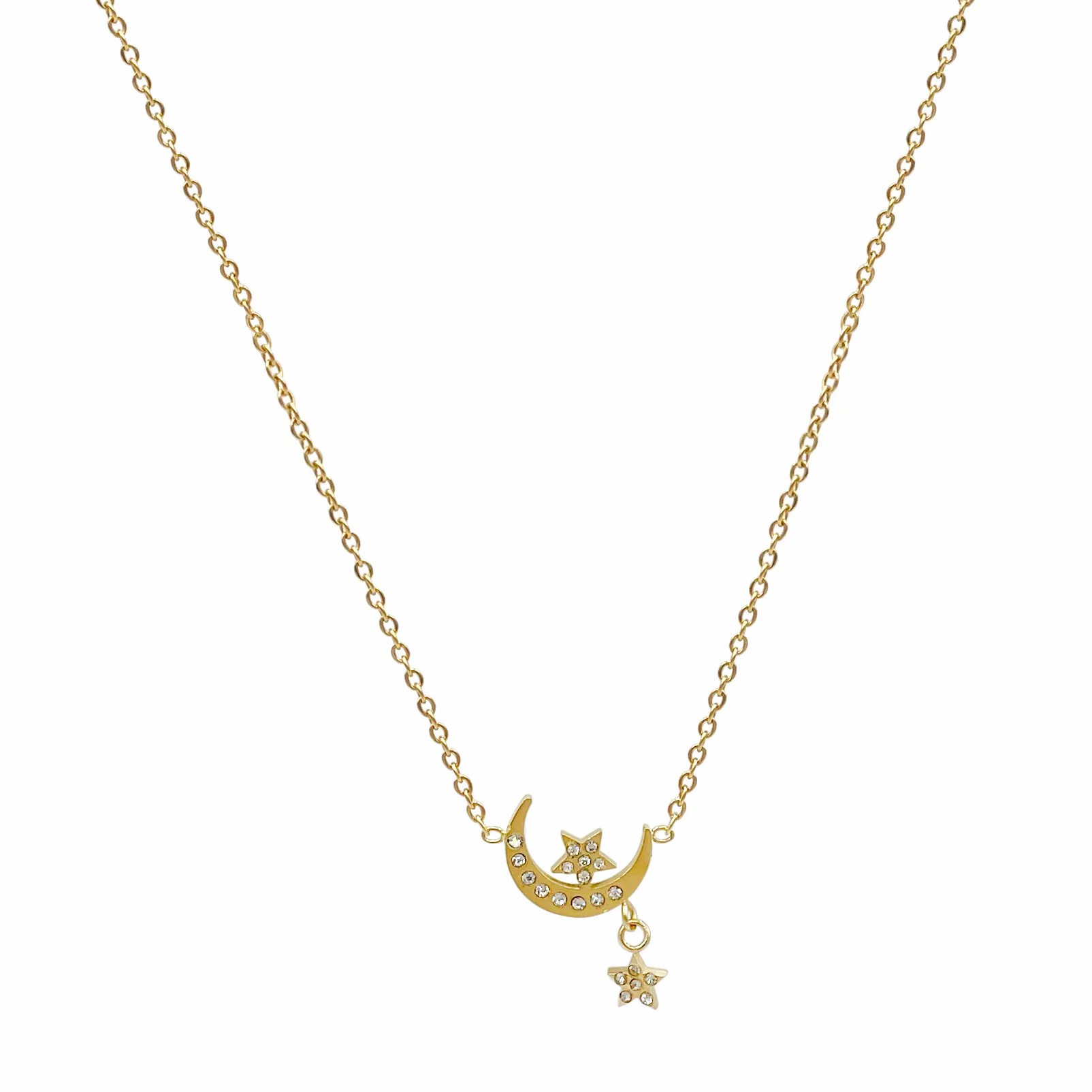 Sweet Artistic Star Moon Stainless Steel Polishing Plating Inlay Rhinestones Gold Plated Pendant Necklace_colorza_4