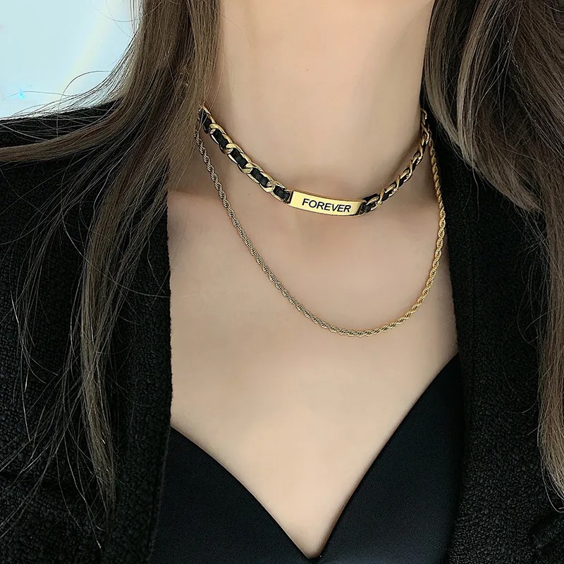 Vintage Style Solid Color Titanium Steel Plating 18K Gold Plated Necklace_colorza_2