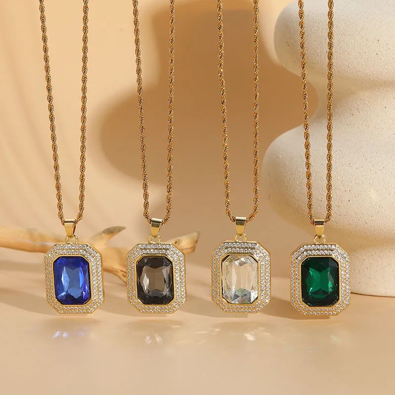 Classic Style Square Titanium Steel Copper Irregular Plating Inlay Zircon 14K Gold Plated Pendant Necklace_colorza_1
