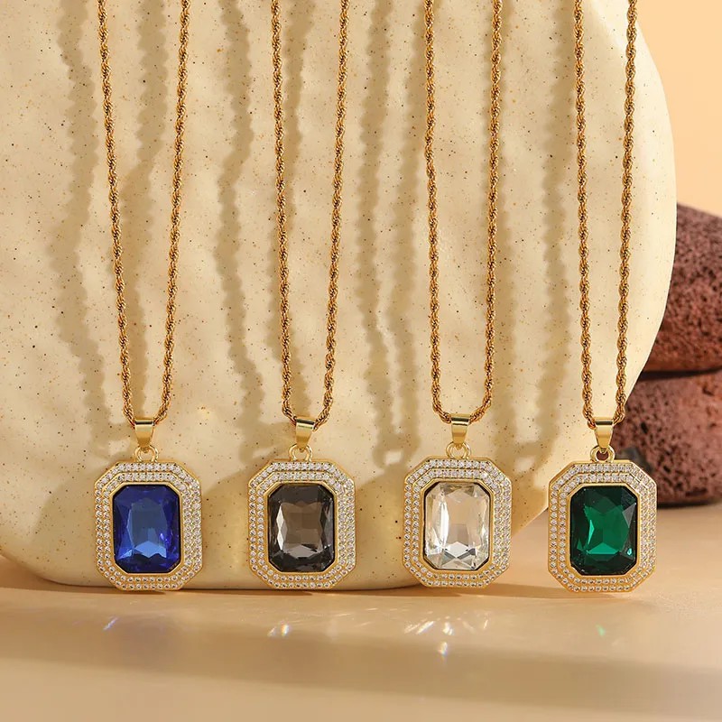 Classic Style Square Titanium Steel Copper Irregular Plating Inlay Zircon 14K Gold Plated Pendant Necklace_colorza_2