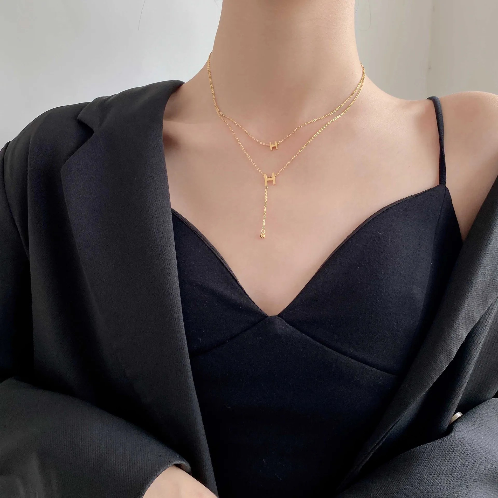 Simple Style Letter Titanium Steel Plating 18K Gold Plated Layered Necklaces_colorza_3