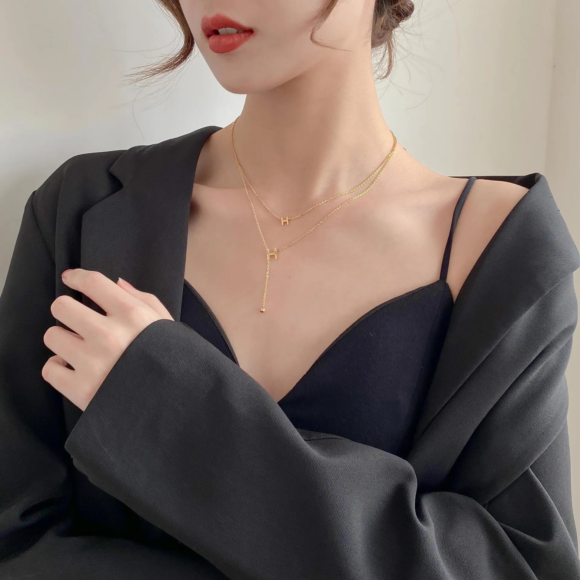 Simple Style Letter Titanium Steel Plating 18K Gold Plated Layered Necklaces_colorza_4