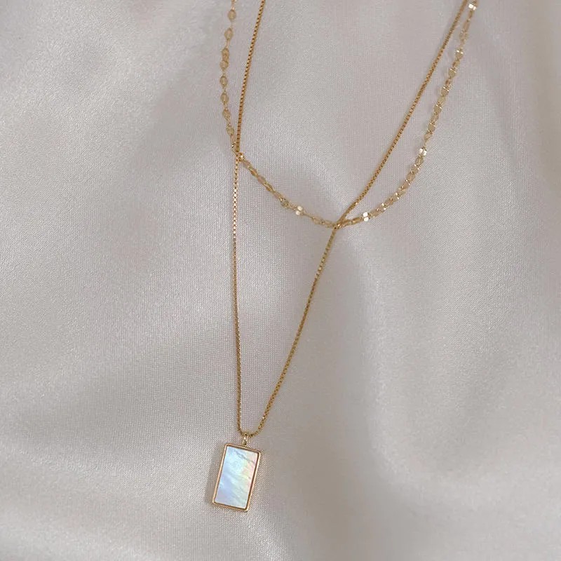 Vintage Style Rectangle Titanium Steel Plating Inlay Shell 18K Gold Plated Layered Necklaces_colorza_1
