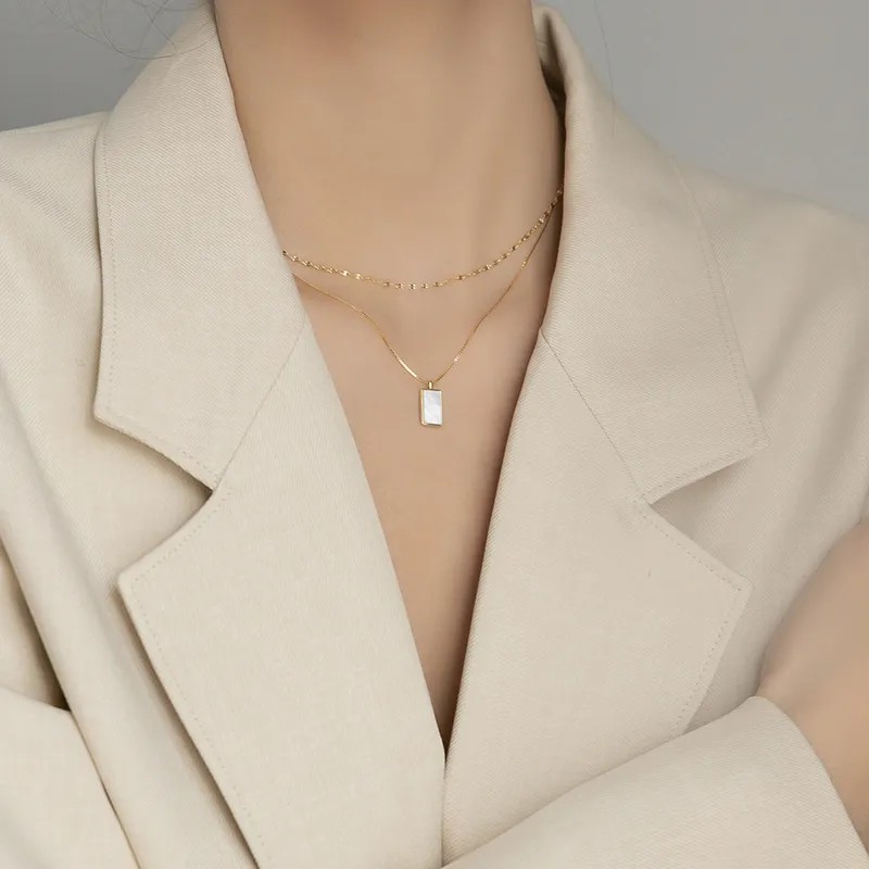 Vintage Style Rectangle Titanium Steel Plating Inlay Shell 18K Gold Plated Layered Necklaces_colorza_2