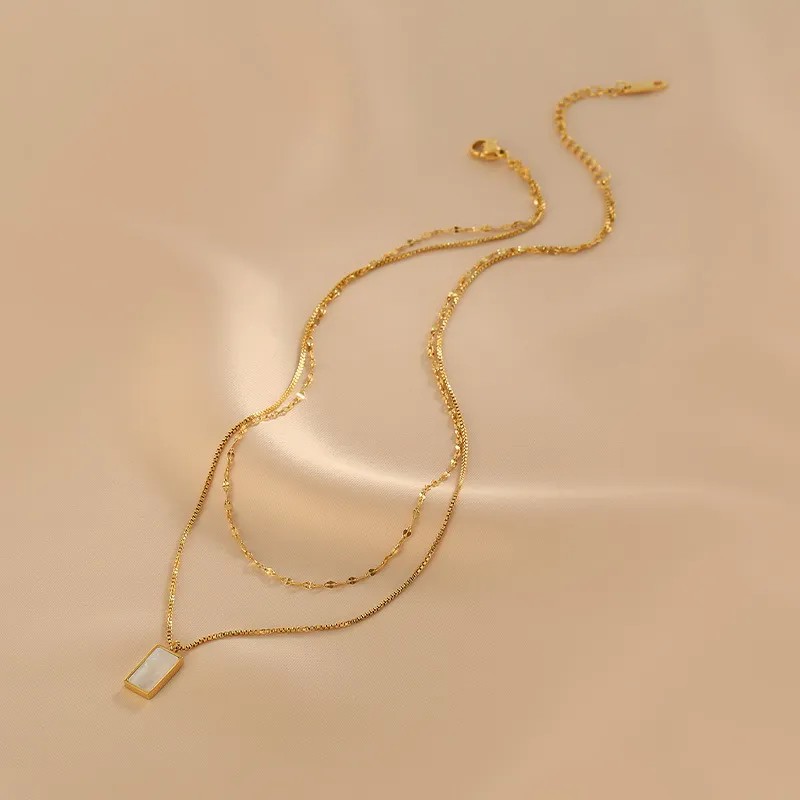Vintage Style Rectangle Titanium Steel Plating Inlay Shell 18K Gold Plated Layered Necklaces_colorza_3