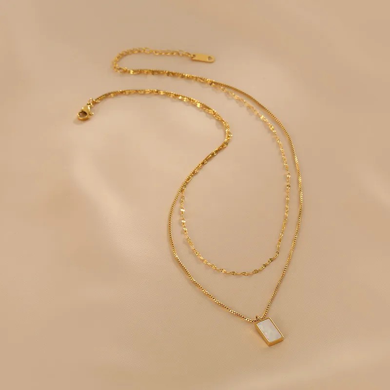 Vintage Style Rectangle Titanium Steel Plating Inlay Shell 18K Gold Plated Layered Necklaces_colorza_4