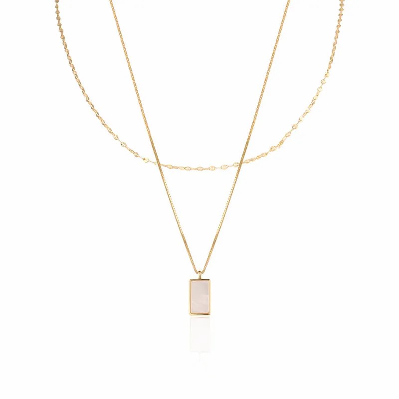 Vintage Style Rectangle Titanium Steel Plating Inlay Shell 18K Gold Plated Layered Necklaces_colorza_5