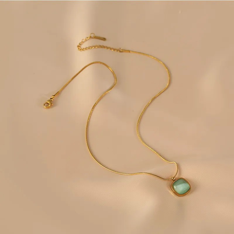 Simple Style Square Titanium Steel Plating Inlay Opal 18K Gold Plated Pendant Necklace_colorza_4