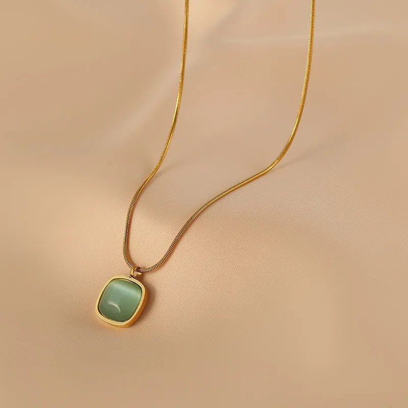 Simple Style Square Titanium Steel Plating Inlay Opal 18K Gold Plated Pendant Necklace_colorza_5