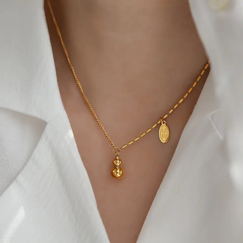 Chinoiserie Simple Style Chinese Character Gourd Titanium Steel Plating 18K Gold Plated Pendant Necklace_colorza_1