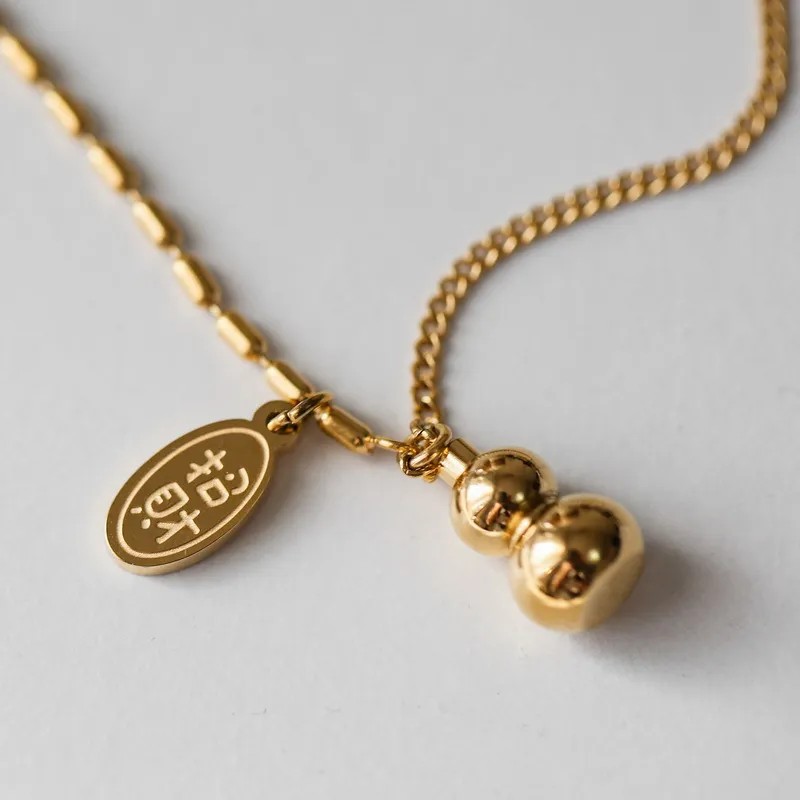 Chinoiserie Simple Style Chinese Character Gourd Titanium Steel Plating 18K Gold Plated Pendant Necklace_colorza_2