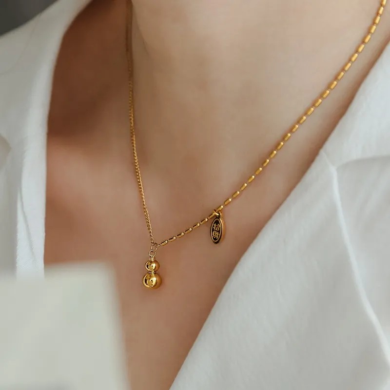 Chinoiserie Simple Style Chinese Character Gourd Titanium Steel Plating 18K Gold Plated Pendant Necklace_colorza_3