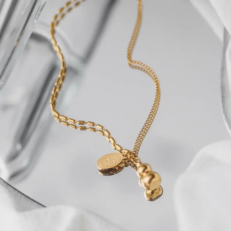 Chinoiserie Simple Style Chinese Character Gourd Titanium Steel Plating 18K Gold Plated Pendant Necklace_colorza_4