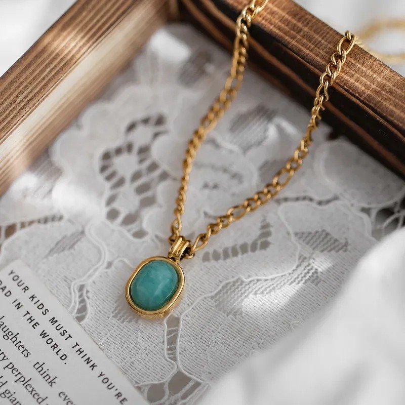 Simple Style Oval Titanium Steel Plating Inlay Natural Stone 18K Gold Plated Pendant Necklace_colorza_1