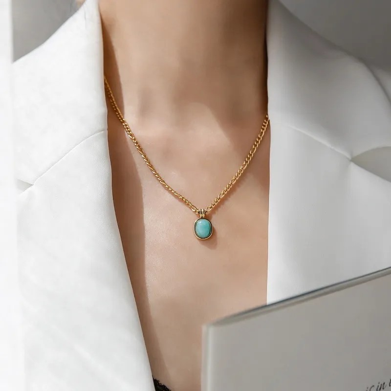 Simple Style Oval Titanium Steel Plating Inlay Natural Stone 18K Gold Plated Pendant Necklace_colorza_2