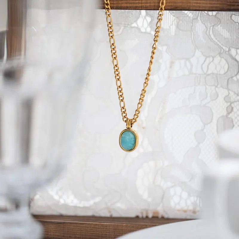 Simple Style Oval Titanium Steel Plating Inlay Natural Stone 18K Gold Plated Pendant Necklace_colorza_3