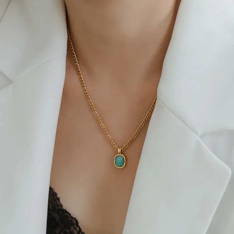 Simple Style Oval Titanium Steel Plating Inlay Natural Stone 18K Gold Plated Pendant Necklace_colorza_4