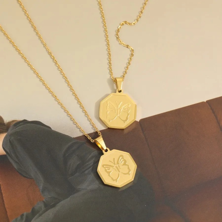 Vintage Style Commute Butterfly Stainless Steel Plating 18K Gold Plated Pendant Necklace_colorza_5