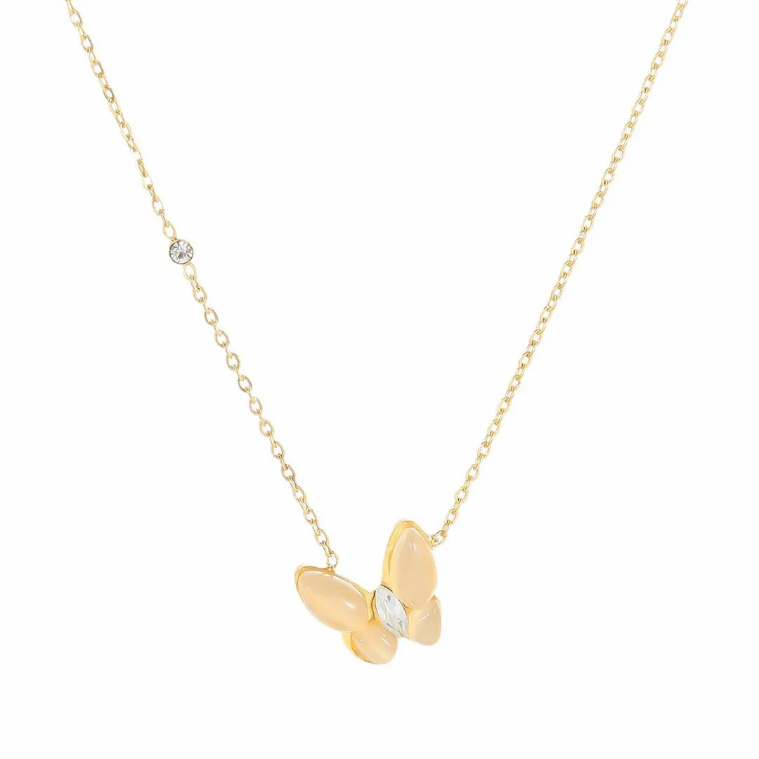Elegant Sweet Butterfly Stainless Steel Plating Inlay Opal Zircon 18K Gold Plated Necklace_colorza_2