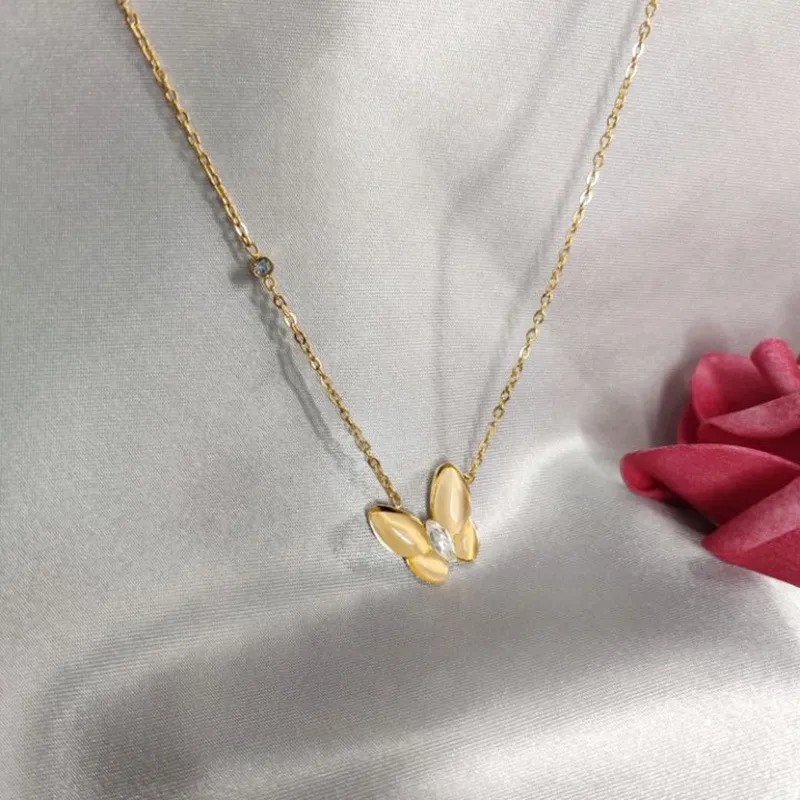 Elegant Sweet Butterfly Stainless Steel Plating Inlay Opal Zircon 18K Gold Plated Necklace_colorza_3