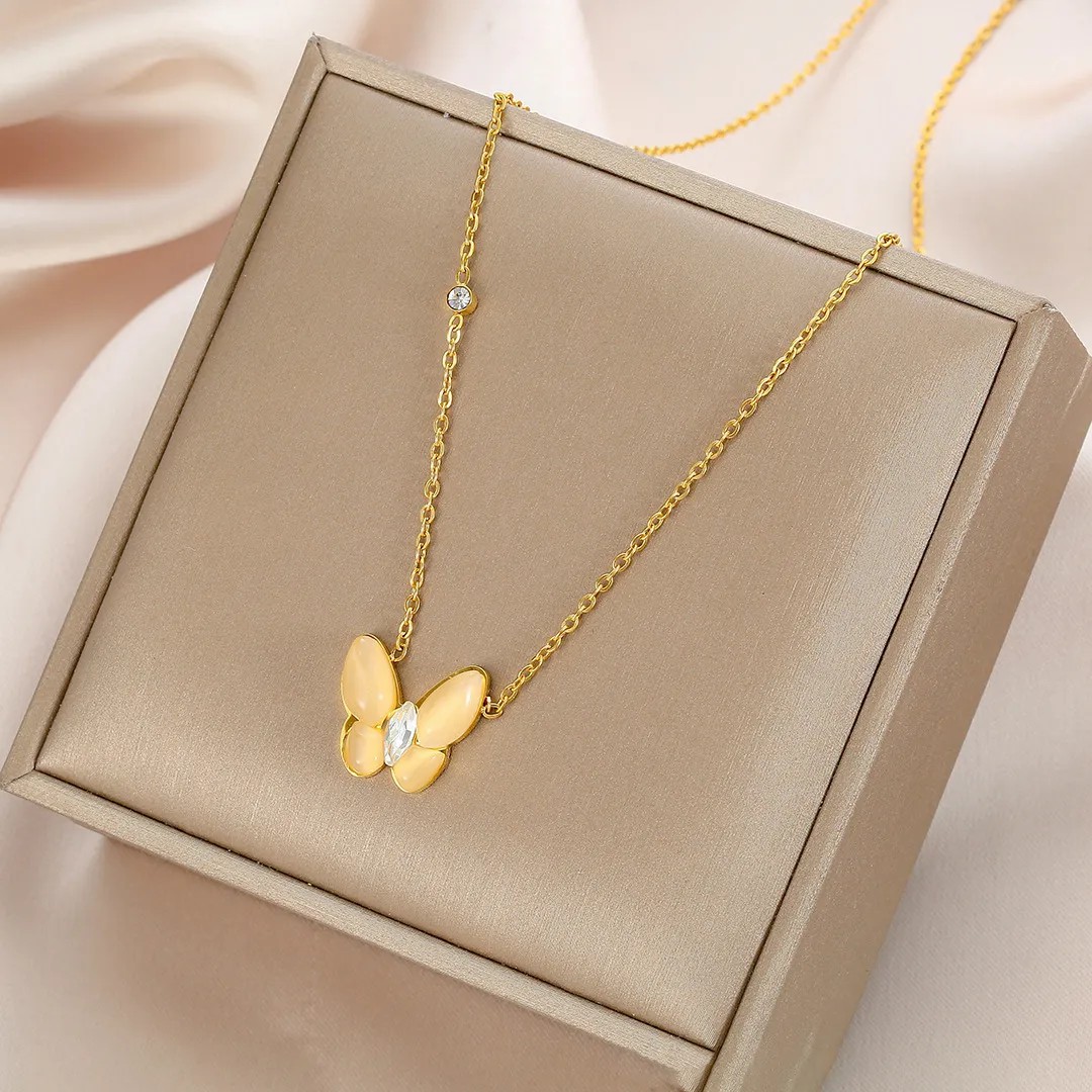 Elegant Sweet Butterfly Stainless Steel Plating Inlay Opal Zircon 18K Gold Plated Necklace_colorza_5