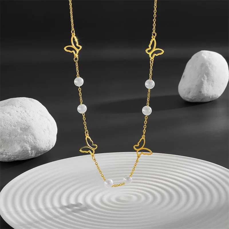 Vintage Style Simple Style Star Butterfly Stainless Steel Pearl Plating Hollow Out 18K Gold Plated Necklace_colorza_2