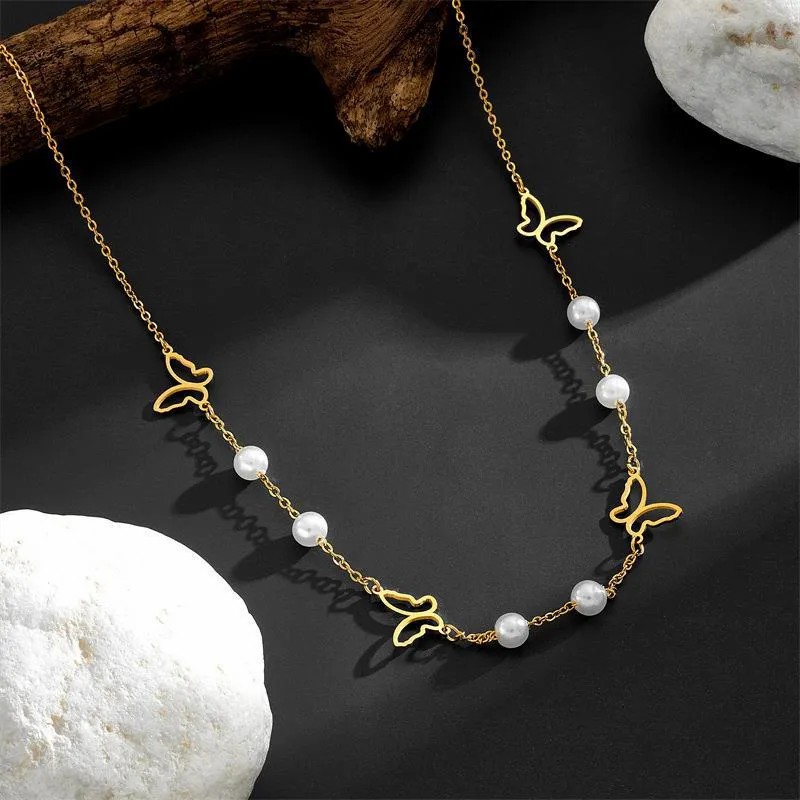 Vintage Style Simple Style Star Butterfly Stainless Steel Pearl Plating Hollow Out 18K Gold Plated Necklace_colorza_3