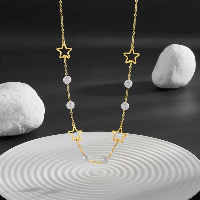 Vintage Style Simple Style Star Butterfly Stainless Steel Pearl Plating Hollow Out 18K Gold Plated Necklace_colorza_4