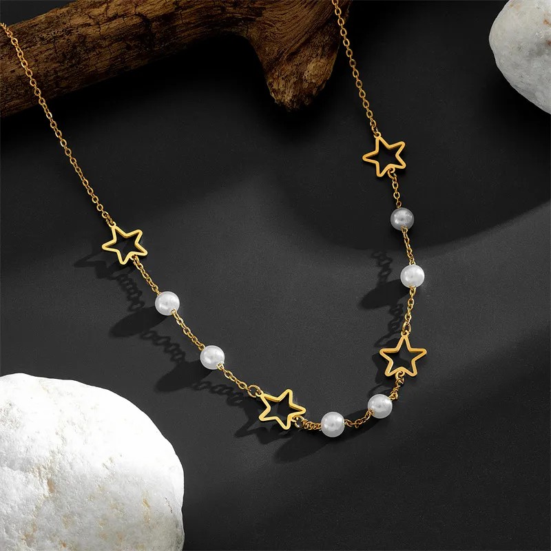 Vintage Style Simple Style Star Butterfly Stainless Steel Pearl Plating Hollow Out 18K Gold Plated Necklace_colorza_5