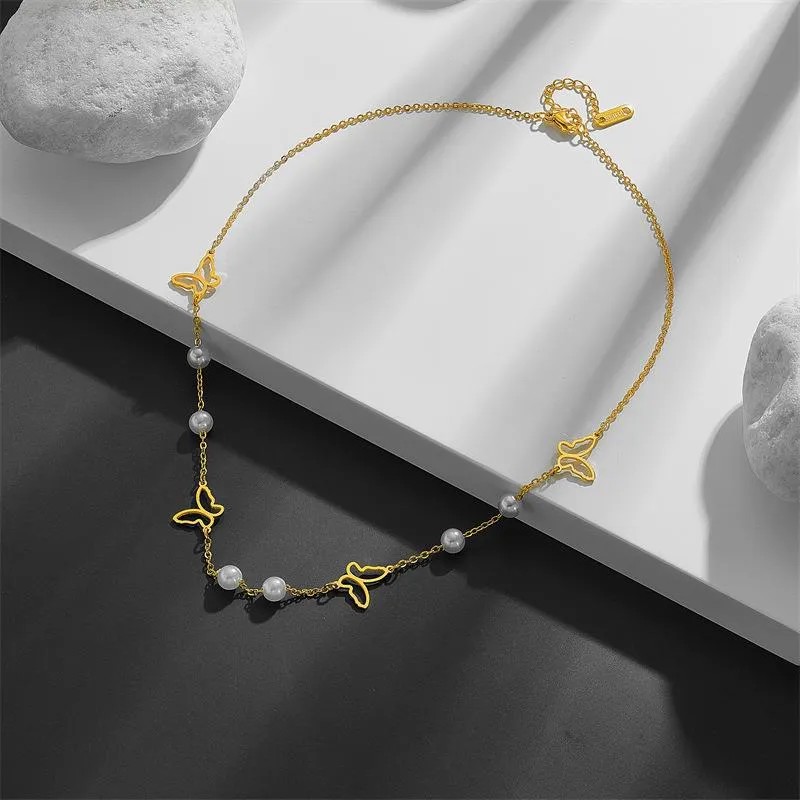 Vintage Style Simple Style Star Butterfly Stainless Steel Pearl Plating Hollow Out 18K Gold Plated Necklace_colorza_6