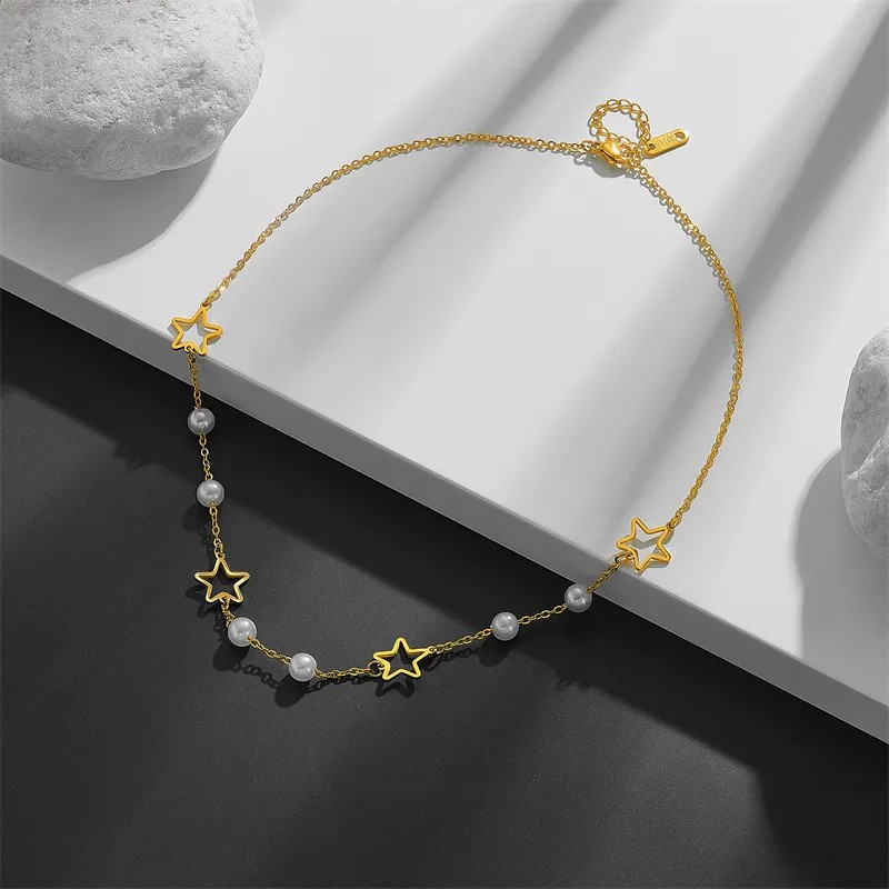 Vintage Style Simple Style Star Butterfly Stainless Steel Pearl Plating Hollow Out 18K Gold Plated Necklace_colorza_7