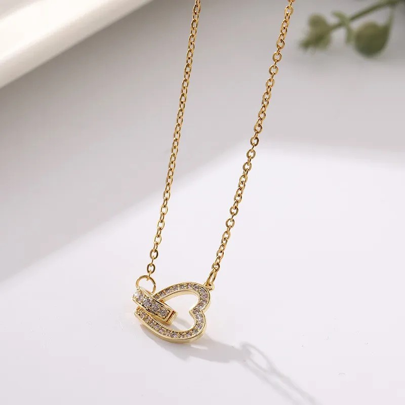 Casual Sweet Heart Shape Stainless Steel Plating Inlay Zircon 18K Gold Plated Necklace_colorza_2