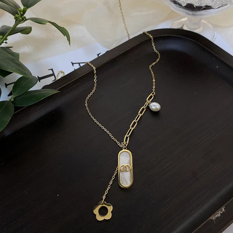 IG Style Sweet Flower Rectangle Stainless Steel Pearl Plating Inlay Shell 18K Gold Plated Pendant Necklace_colorza_2