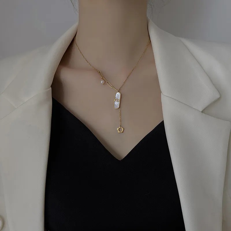 IG Style Sweet Flower Rectangle Stainless Steel Pearl Plating Inlay Shell 18K Gold Plated Pendant Necklace_colorza_3
