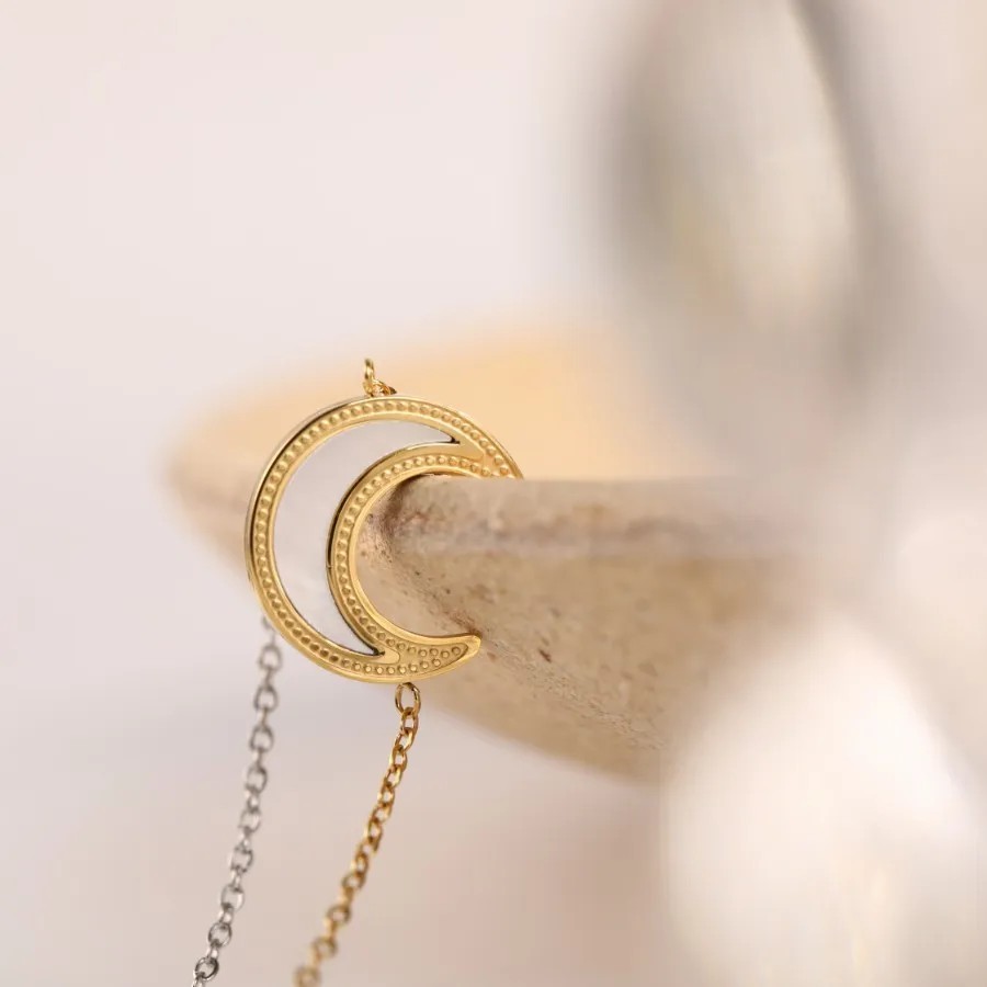Vintage Style Sweet Commute Moon Stainless Steel Plating Inlay Shell 18K Gold Plated Pendant Necklace_colorza_2