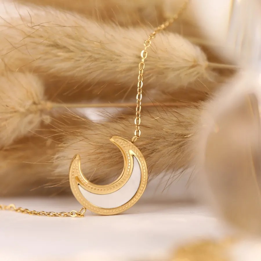 Vintage Style Sweet Commute Moon Stainless Steel Plating Inlay Shell 18K Gold Plated Pendant Necklace_colorza_4