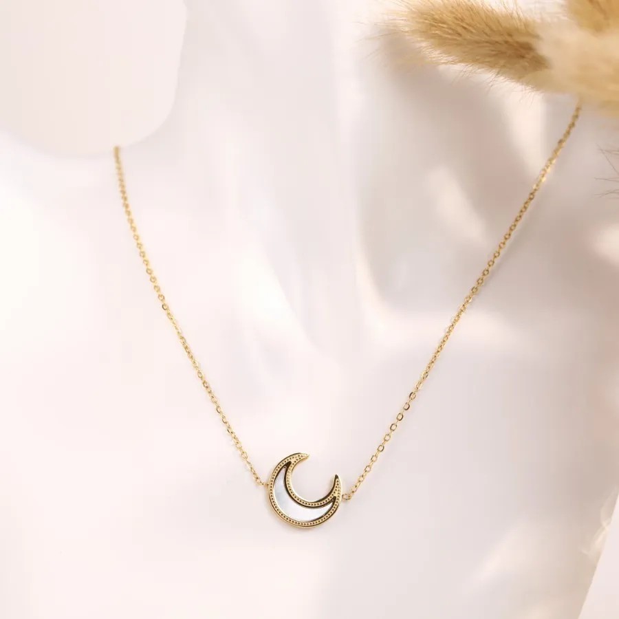 Vintage Style Sweet Commute Moon Stainless Steel Plating Inlay Shell 18K Gold Plated Pendant Necklace_colorza_5