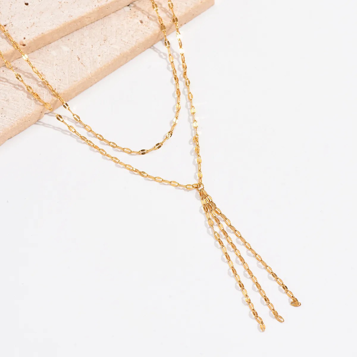 Sexy Solid Color Stainless Steel Tassel Plating 14K Gold Plated Layered Necklaces_colorza_1