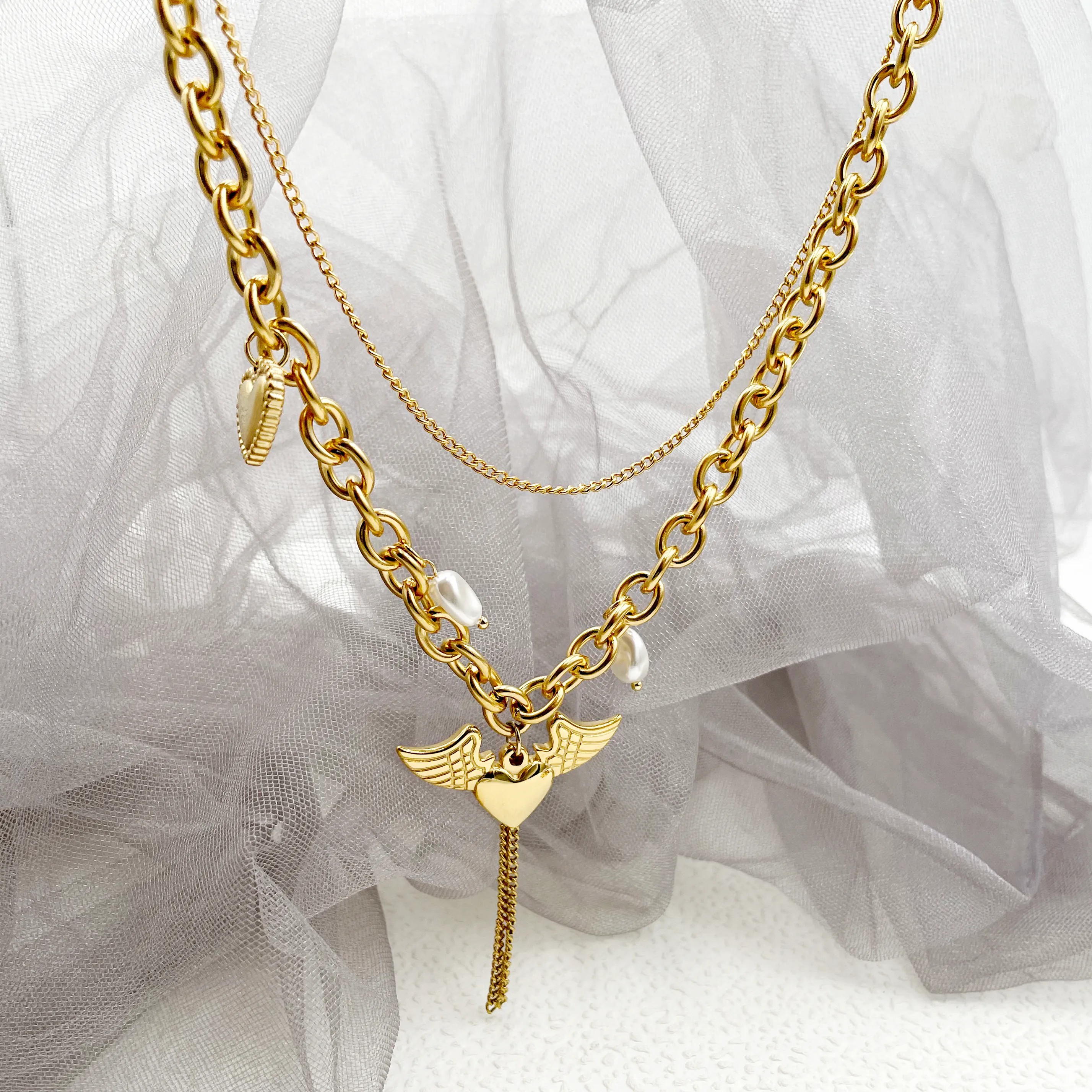 Casual Hip-Hop Streetwear Heart Shape Wings Stainless Steel Layered Plating Gold Plated Layered Necklaces_colorza_1