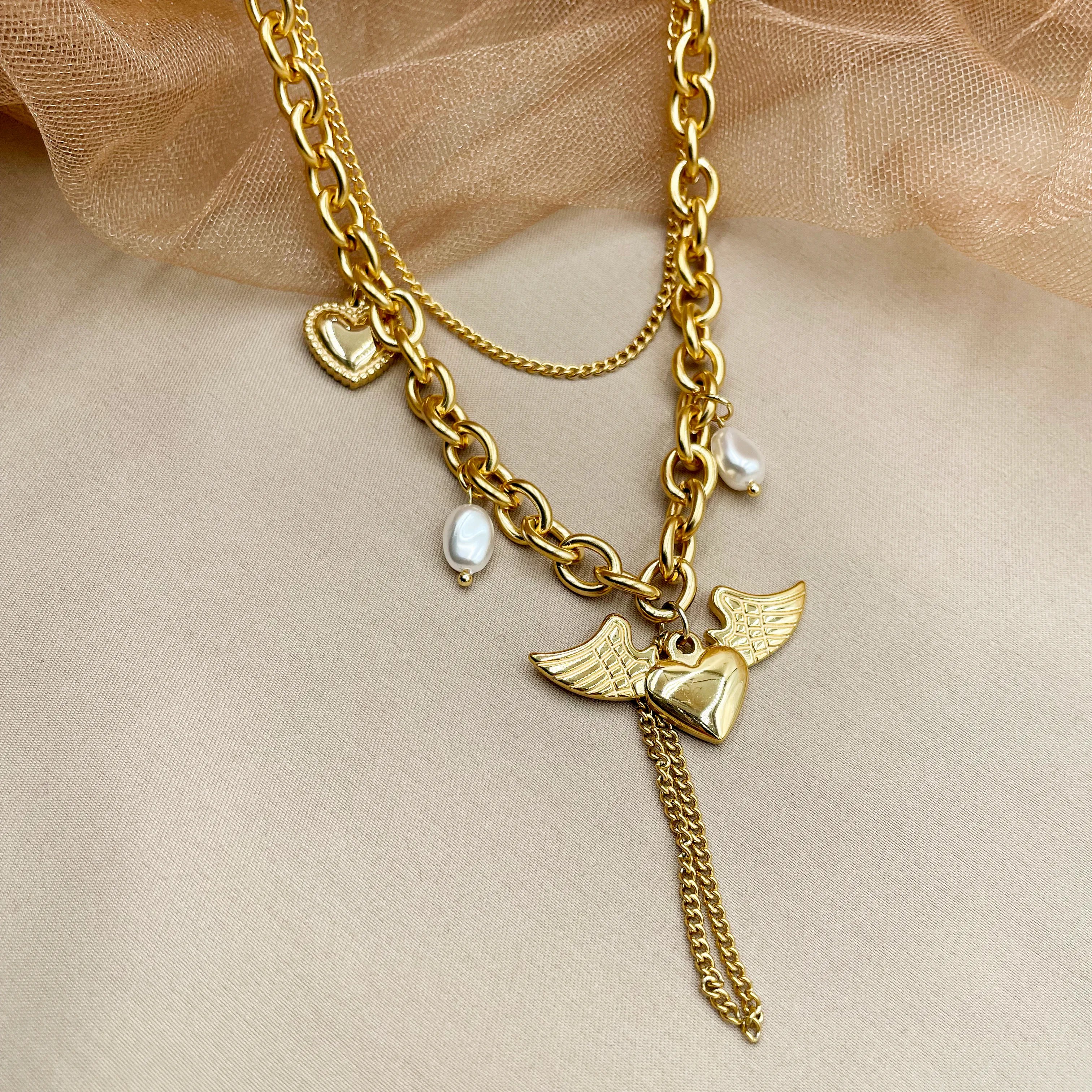 Casual Hip-Hop Streetwear Heart Shape Wings Stainless Steel Layered Plating Gold Plated Layered Necklaces_colorza_2
