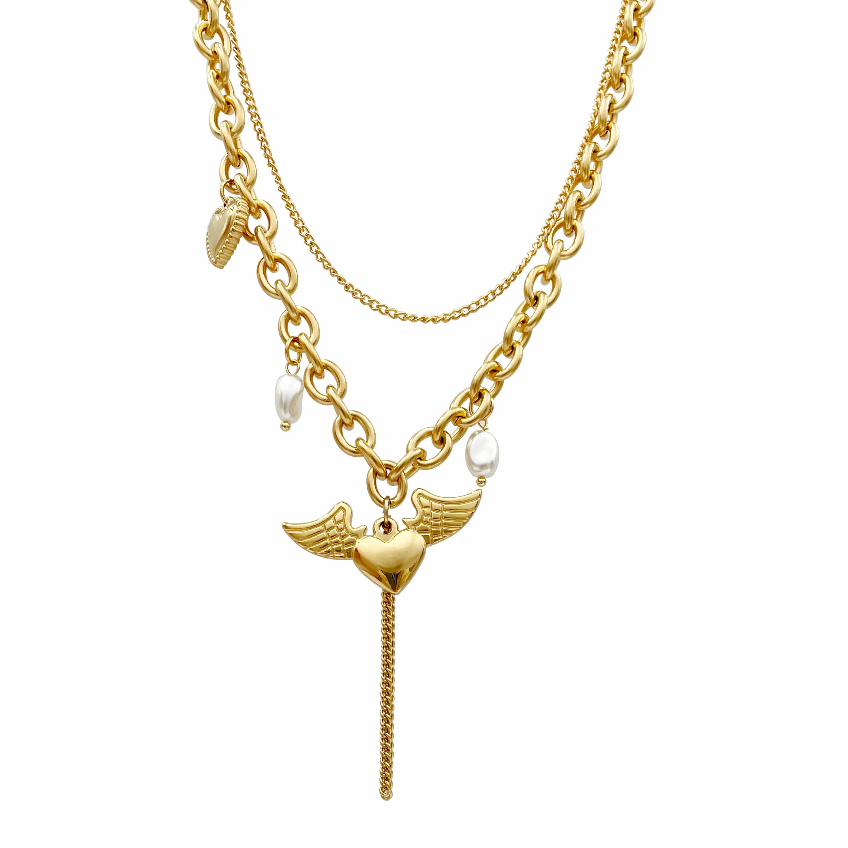 Casual Hip-Hop Streetwear Heart Shape Wings Stainless Steel Layered Plating Gold Plated Layered Necklaces_colorza_4
