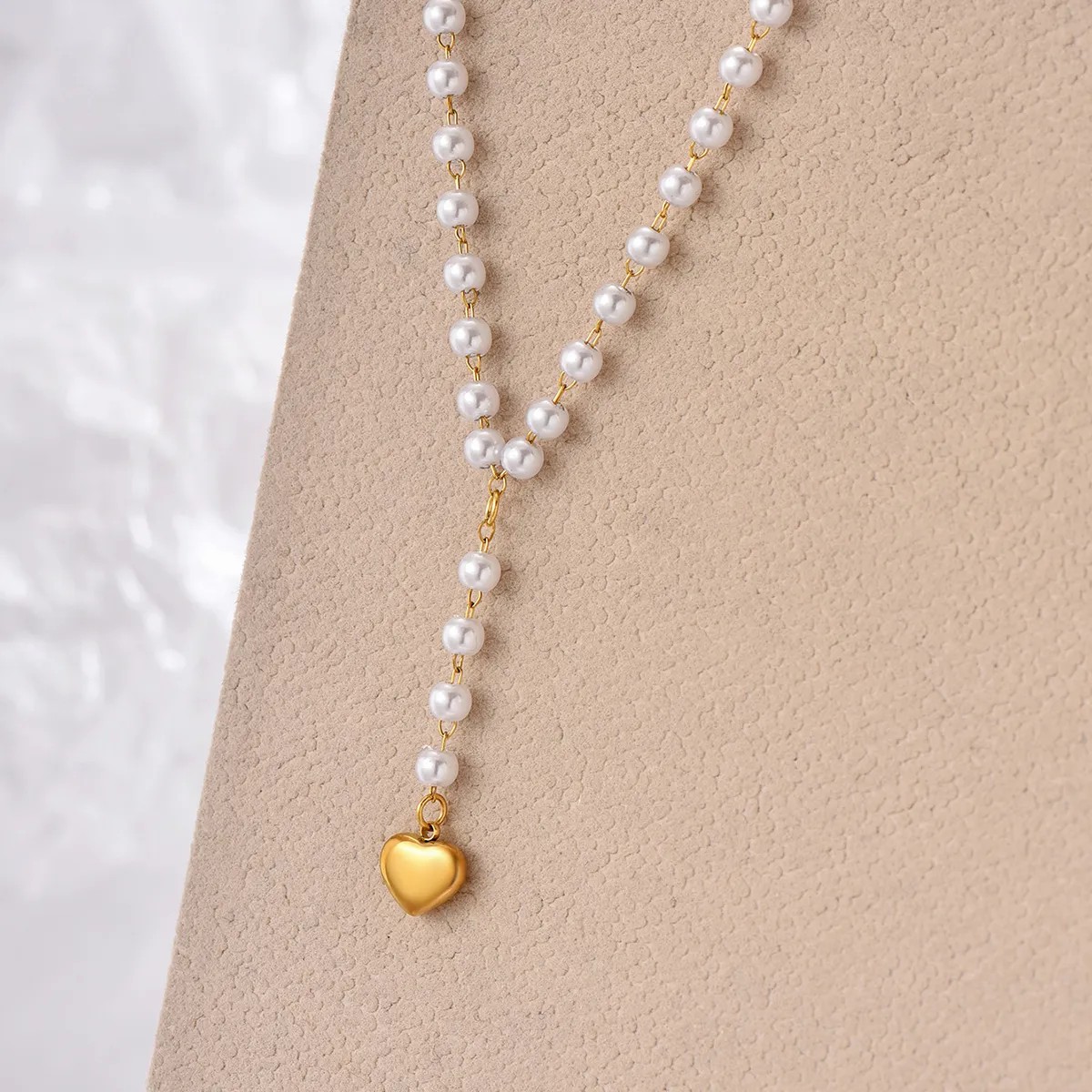 Elegant Heart Shape Stainless Steel Artificial Pearl Plating 14K Gold Plated Pendant Necklace_colorza_4