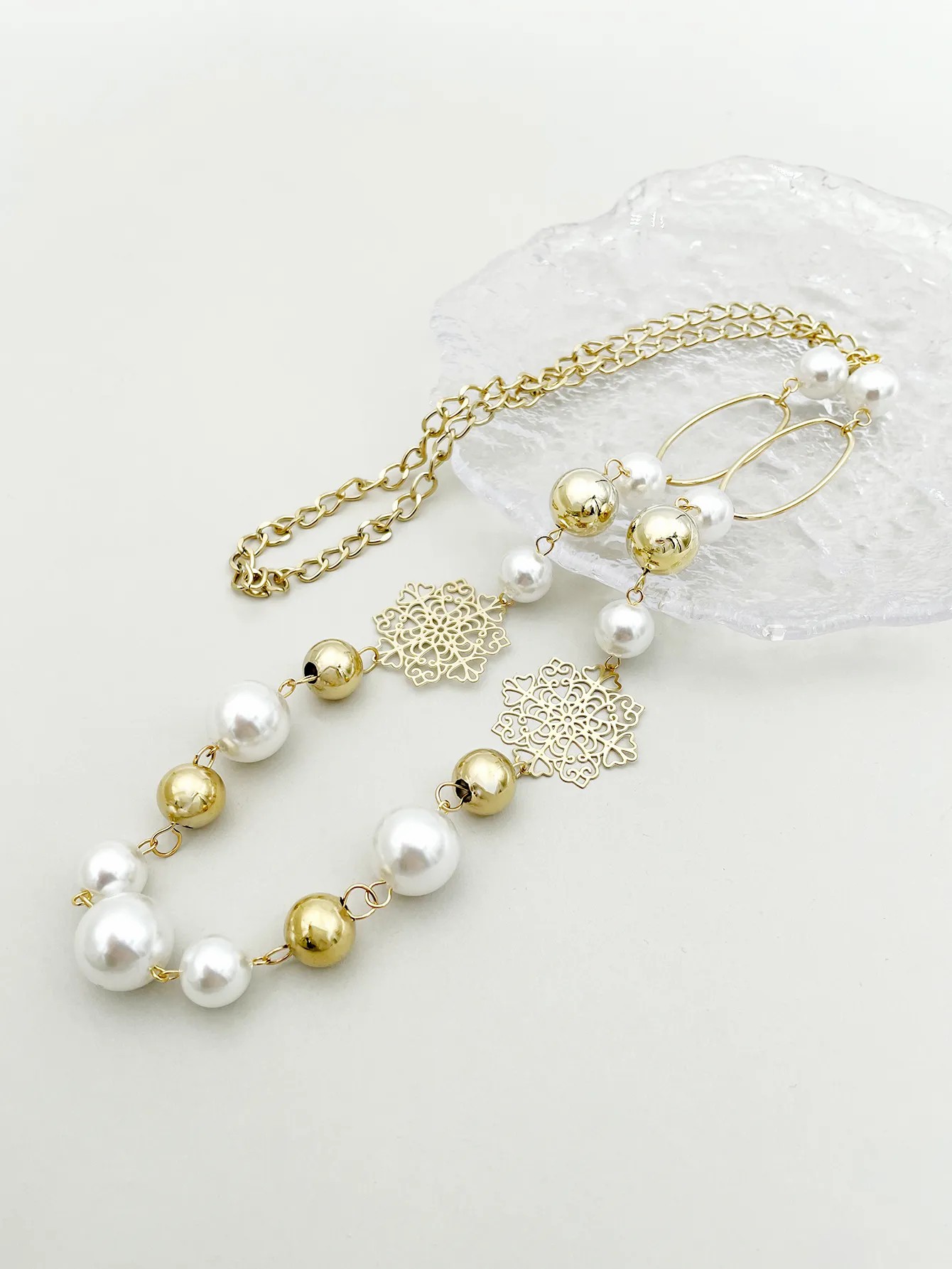 Casual Hip-Hop Rock Snowflake Stainless Steel Pearl Plating Hollow Out Gold Plated Long Necklace_colorza_2