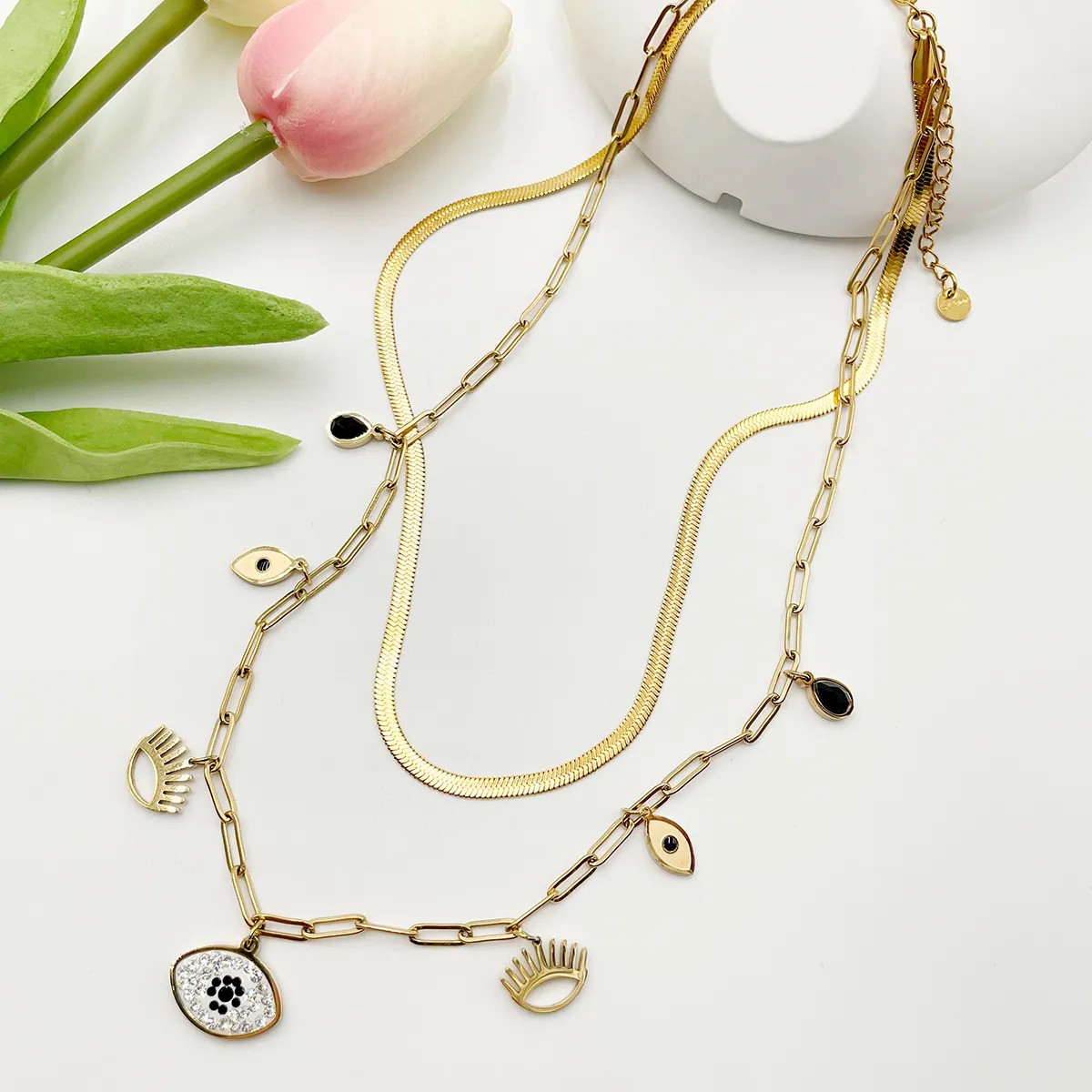 Casual Funny Devil'S Eye Stainless Steel Layered Plating Inlay Zircon Gold Plated Layered Necklaces_colorza_1