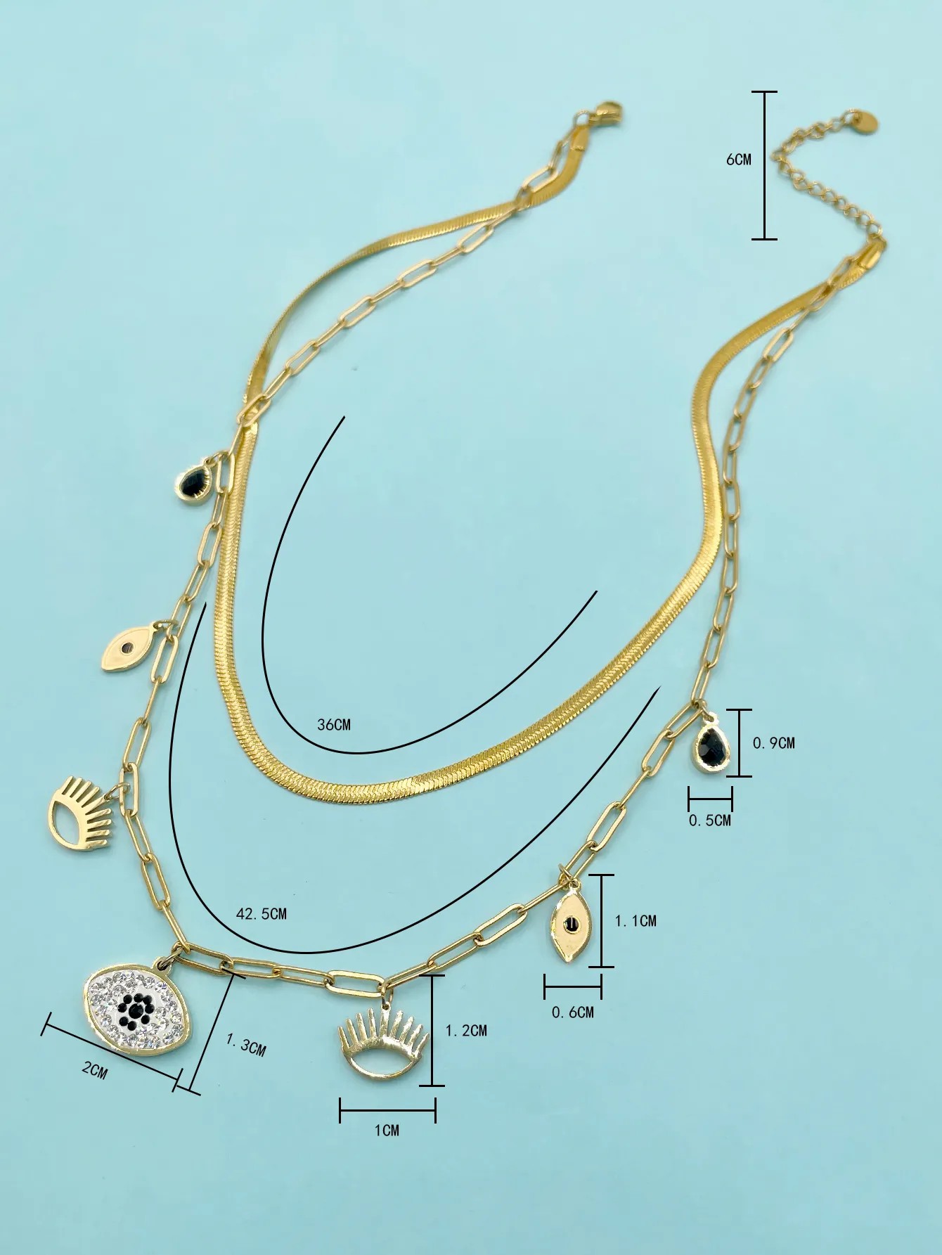 Casual Funny Devil'S Eye Stainless Steel Layered Plating Inlay Zircon Gold Plated Layered Necklaces_colorza_3