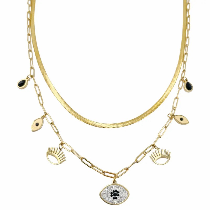 Casual Funny Devil'S Eye Stainless Steel Layered Plating Inlay Zircon Gold Plated Layered Necklaces_colorza_4